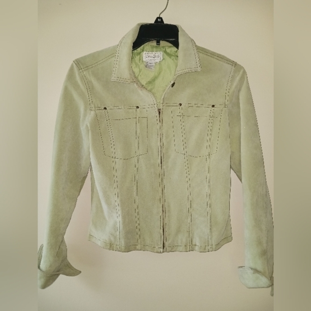 Vintage Womens Live a Little Green Suede Leather Jacket Medium